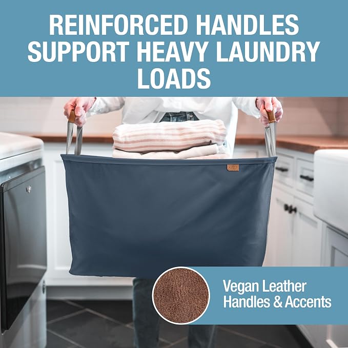 CleverMade Collapsible Laundry Basket LUXE 2 Pack – 60 L (16 Gal) Foldable Cotton Blend Clothes Hamper with Vegan Leather Accents, Reinforced Handles, Space Saving Laundry Bin Holds 55 lbs - Navy