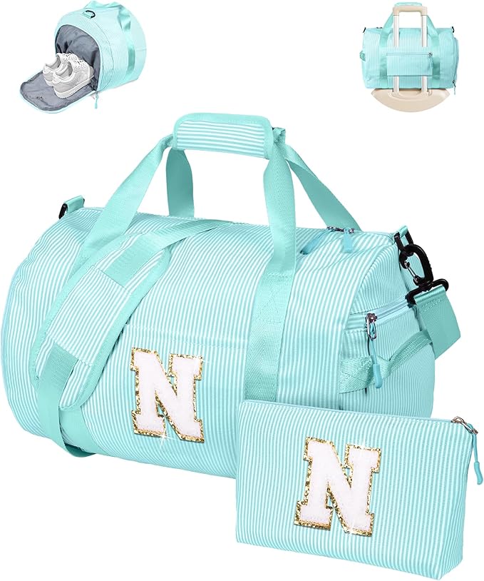 Granddaughter Gift from Grandmom, Girl Gym Bag, Kids Initial Overnight Duffel Bags with Shoe Compartment, Personalized Travel Bag with Makeup Pouch, Birthday Gift for Her (Letter N)