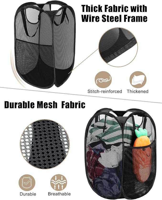 2 Pcs Strong Mesh Pop up Laundry Hamper,House Again Collapsible Laundry Basket with Durable Handles Solid Bottom High Carbon Steel Frame, Space-Saving, Easy to Open and Fold Flat for Storage(Black)