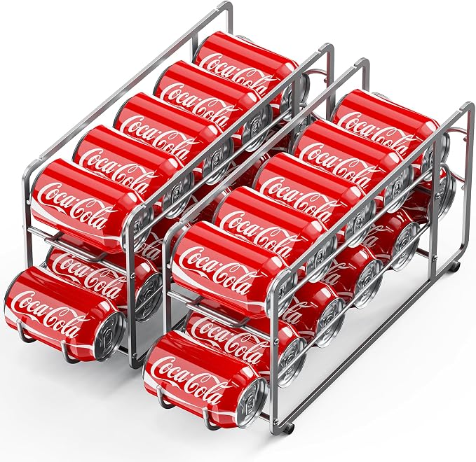 Canyave Soda Can Organizer Storage Rack, 2 Pack Stackable Beverage Soda Can Dispenser Organizer Holder for Refrigerator, Cabinet, Pantry (Silver)