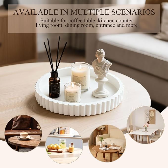 Decorative Tray for Coffee Table Decor, 11" Round Wooden Coffee Table Tray, Modern Decorative Trays for Home Decor, Living Room, Entry, Dining Room (White)