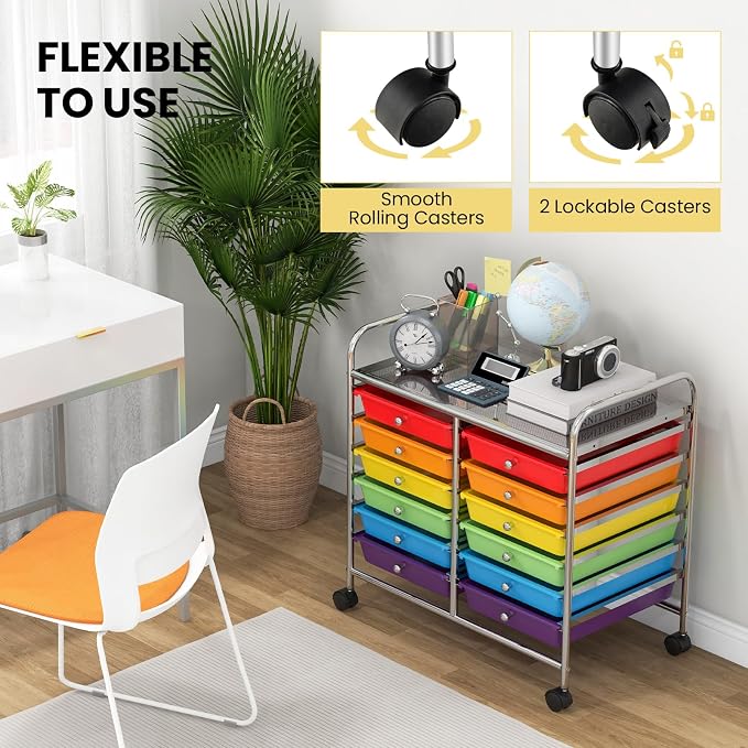 COSTWAY 12-Drawer Rolling Storage Cart, Utility Storage Organizer Cart for Tools, Scrapbook, Paper, Craft, Multipurpose Art Supply Organizer on Wheels for Home Office School, Teacher, Multicolor