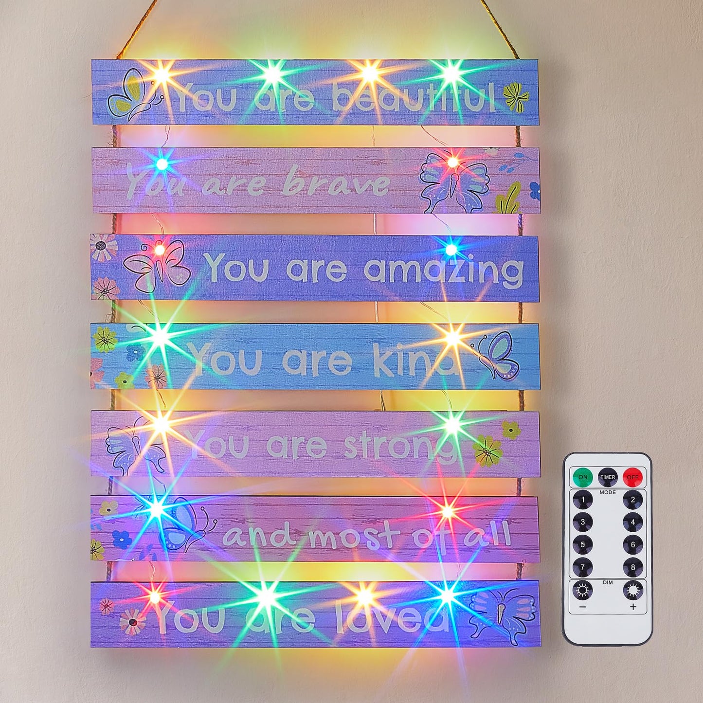 FIOBEE Girls Room Décor for Teen Girls Boys with LED Light Wall Decor for Bedroom Motivational Inspirational Wall Art Girl Room Decoration for Kids Studyroom, 8 Kinds of Lights, Purple Butterfly