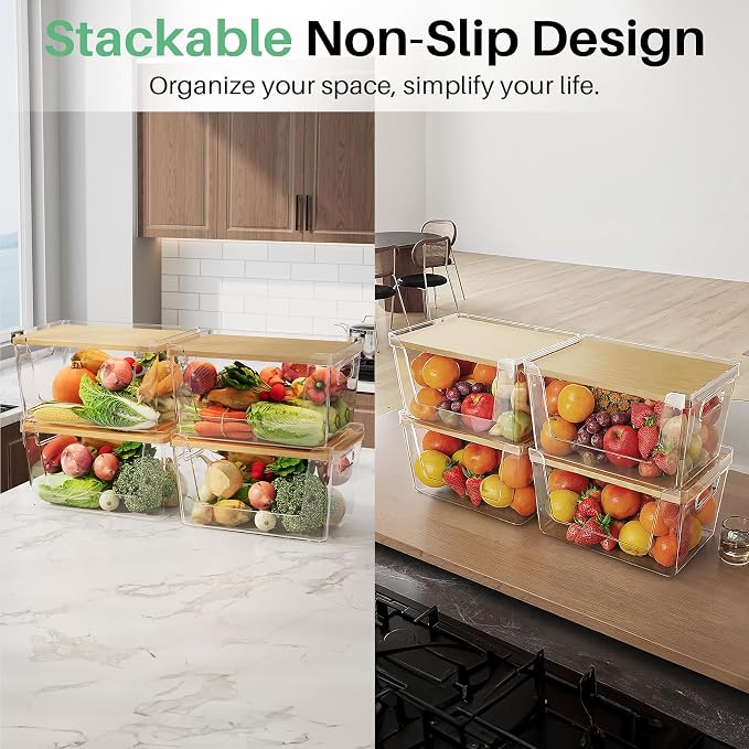 4 Set Pantry Organizer and Stackable Storage Kitchen,Sturdy and Durable Storage Basket for Potato, Onion, Garlic, Fruit, Vegetable, Produce, Clear Plastic Storage with Lid&Handle