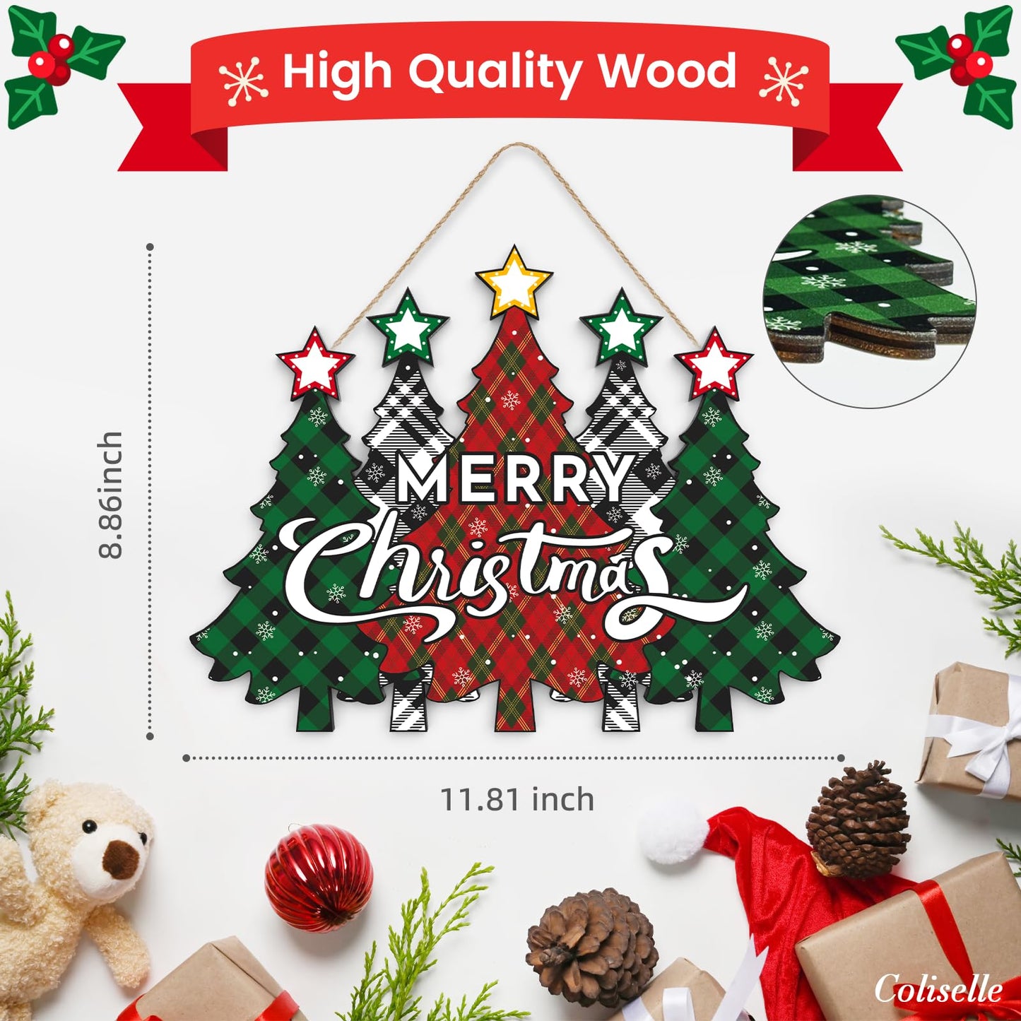 Wooden Merry Christmas Door Sign,Christmas Tree Door Wreath for Front Sign Wall Signs,Decoration Farmhouse Hanging Plaque,Hanging for Home Wall Decor Party(Red)