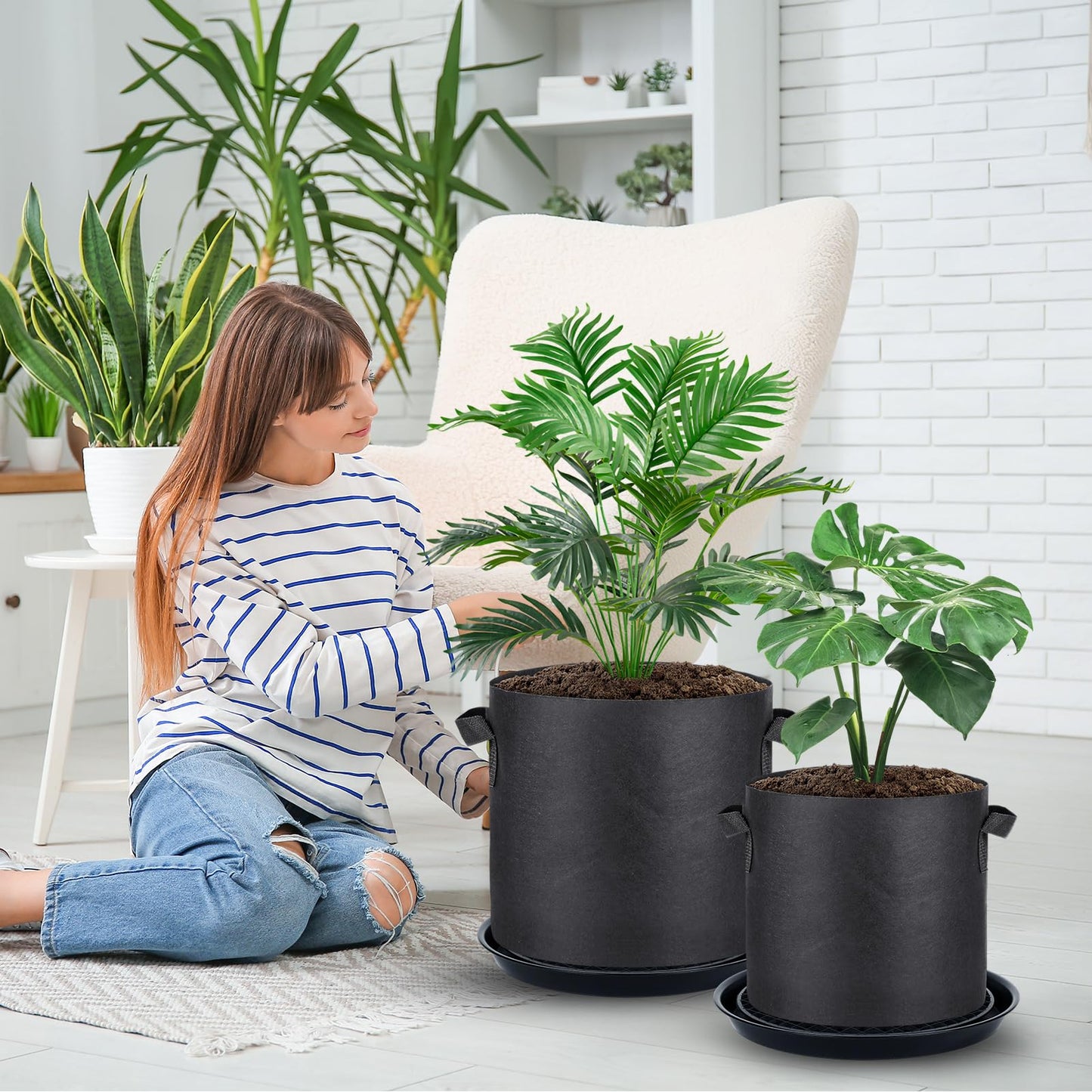POILKMNI 4 Pack 14 Inch Self-Watering Fabric Pot Base, Auto Irrigation Plant Saucer Tray for 5 Gallon Grow Bags, Elevated Plant Stand with Wick System for Indoor Outdoor Garden Greenhouse Grow Tent