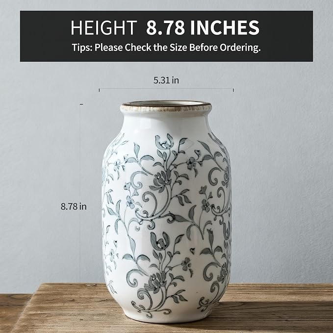 SIDUCAL Ceramic Vintage Vase, 8.78 Inch Chinoiserie Floral Vase, Retro Ice Cracked Rustic Farmhouse Vases for Home Decor, Living Room, Bookshelf, Office, Tuscan Decor, Gray Floral Pattern