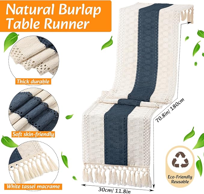 6 Sets Boho Decoration Placemats Round Woven Placemats, Cloth Napkins, Wood Bead Napkin Rings, Long Table Runner and Farmhouse Burlap Cotton for Table Kitchen (Blue,12x72)