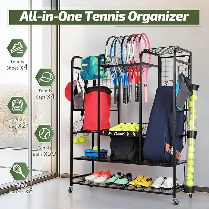 PLKOW Tennis Bag Organizer Tennis Racket Storage Rack, Tennis Equipment Holder for Bags, Balls, Racquet & Accessories, Versatile Gear Organizer for Garage, Club, or School