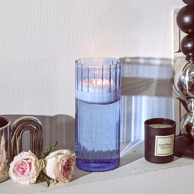ComSaf Glass Cylinder Vases, Bud Vase for Centerpieces, 8 Inch Tall Ribbed Vase Hurricane Floating Candle Holder, Decorative Flower Vases for Wedding Reception, Home Decor, Housewarming Gift (Blue)