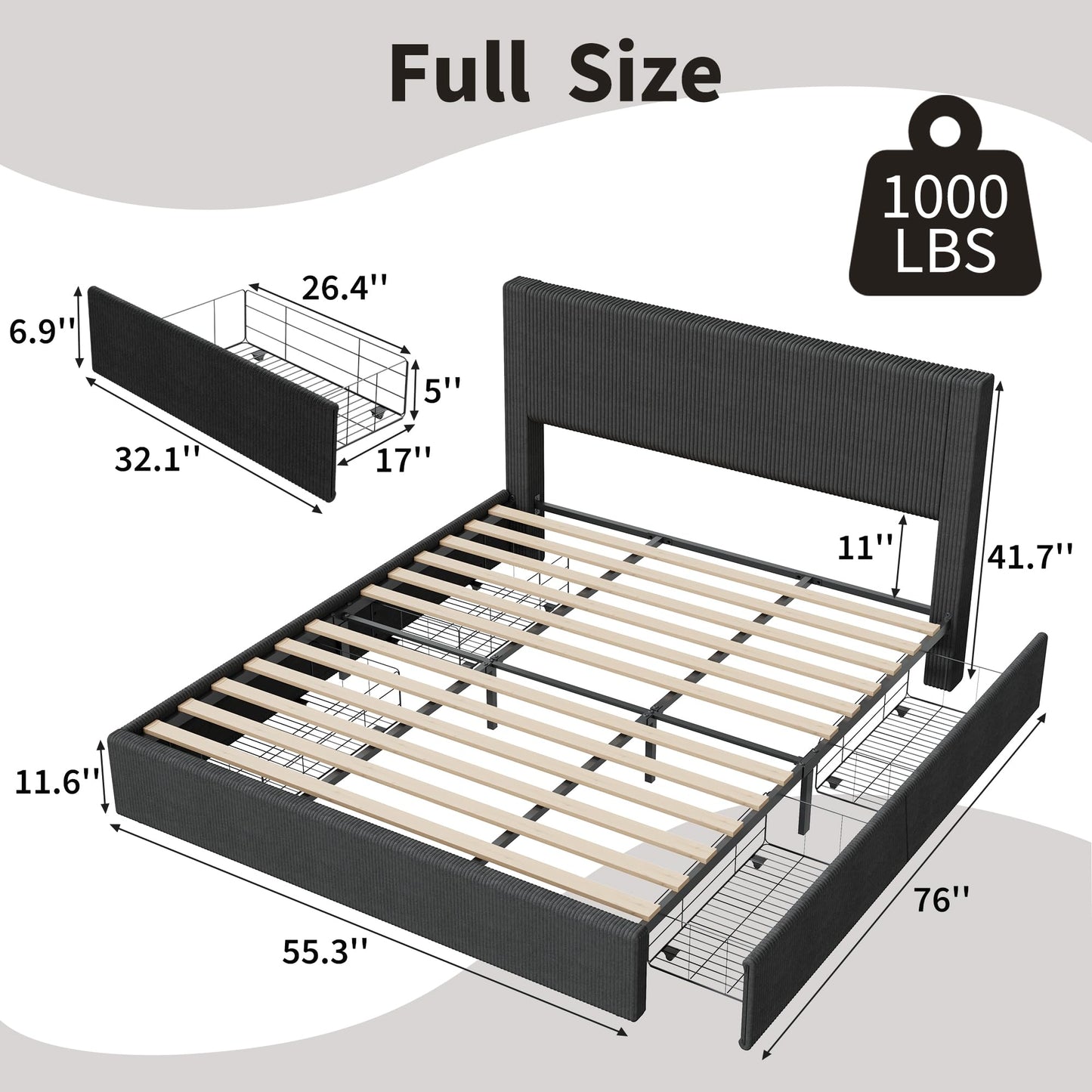 IDEALHOUSE Full Size Bed Frame with Tufted Wingback Headboard, Platform Corduroy Upholstered Bed Frame with 4 Storage Drawers and Wooden Slats Support, No Box Spring Needed, Black