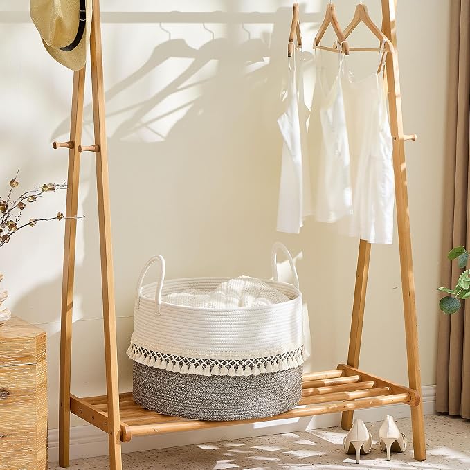 KAKAMAY Cotton Rope Storage Basket (20"x13"),Woven Hamper for Blankets,Toys,Pillows,Clothes,Laundry,Sturdy Handles Decorative Basket for Living Room, Bedroom,Nursery(Beige Fringe)