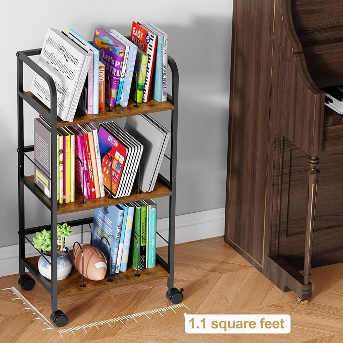 Feyejade Rolling Book Cart with Removable Dividers, 3-Tier File Cart with Wheels, Utility Storage Rack for Office, Home, Classroom, Art Supply Organizer, Binder and Laptop Shelf Rack