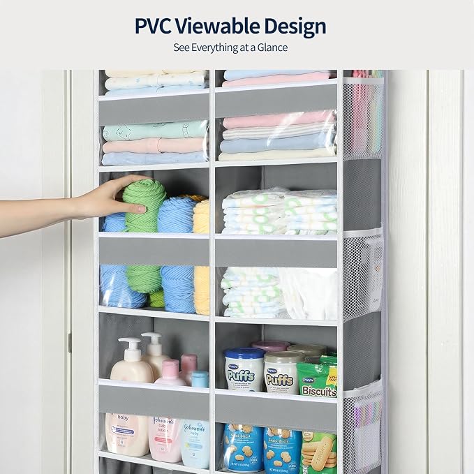 Yecaye Over The Door Organizer, 5 Tier Extra Large Behind Door Storage of 10 Compartments, 80lbs Heavy Duty Door Organizer Hanging with Clear Window for Closet Bedroom Pantry Bathroom, Grey