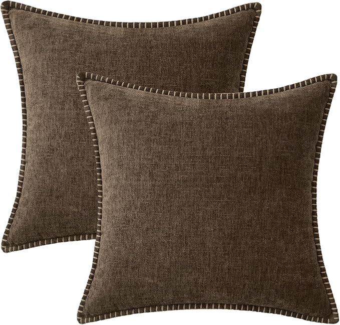MIULEE Pack of 2 Euro Sham Pillow Covers 24x24 Inch Brown Farmhouse Decorative Throw Pillow Covers with Stitched Edge Soft Chenille Solid Dyed Pillow Covers for Bed Sofa Couch Living Room