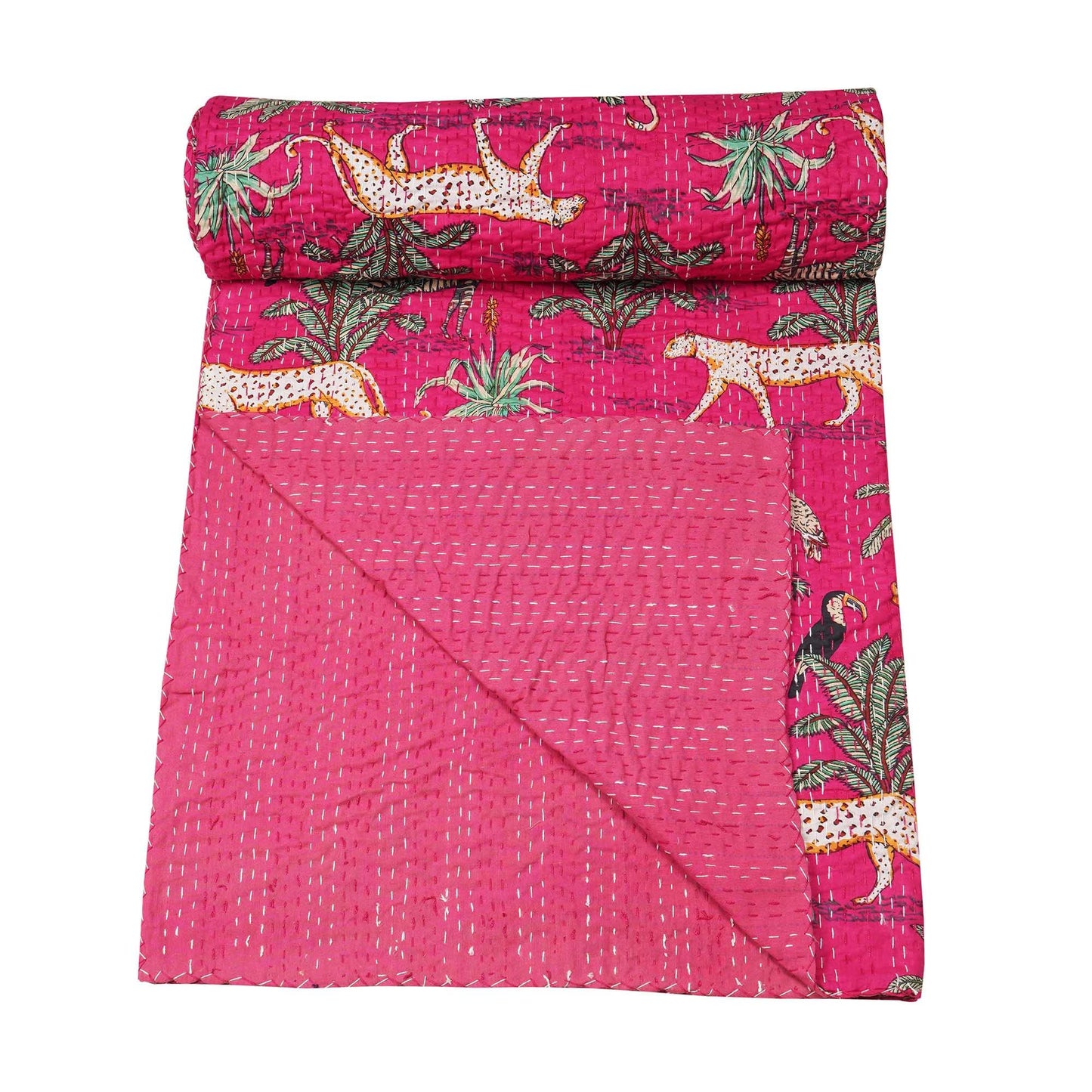 Marubhumi Quilts Indian Handmade Indian Traditional Blankets, Reversible, Jungle Print Vintage Kantha Quilt, Comforter, Hot Pink - Queen 90 x 108 Inches