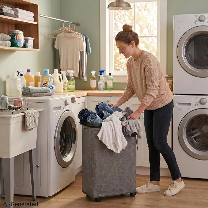 DOKEHOM 29-Inches Enlarged Slim Laundry Basket with Removable Wash Bag on Wheels, Collapsible Rolling Laundry Hamper, Foldable Narrow Corner Clothes Storage Bins (Linen Grey)