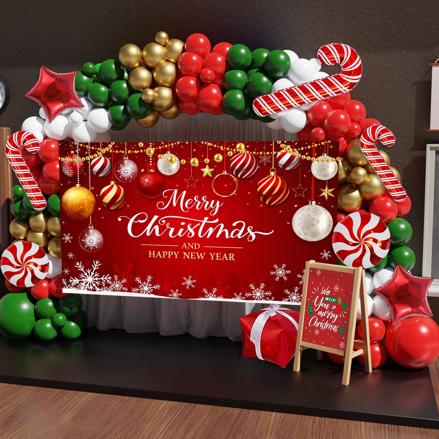 Christmas Balloon Arch Kit, 163PCS Christmas Party Decorations with Large Backdrop for Photography, Red Green Gold, Candy Cane, Red Star, Gift Box Foil Balloons for Party Decor