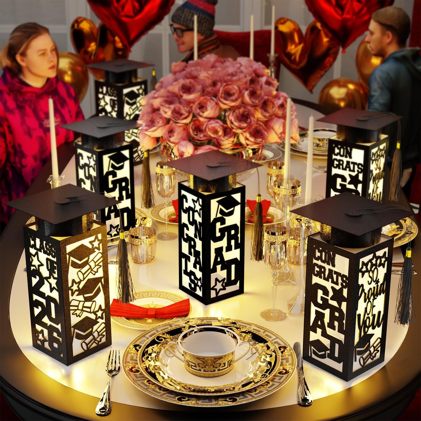 6 Pcs Graduation Table Centerpieces Boxes Class of 2026 Graduation Paper Lanterns Boxes with LED Hollow Out Black for Congrats Grad School College Table Decorations Grad Party Photo Props