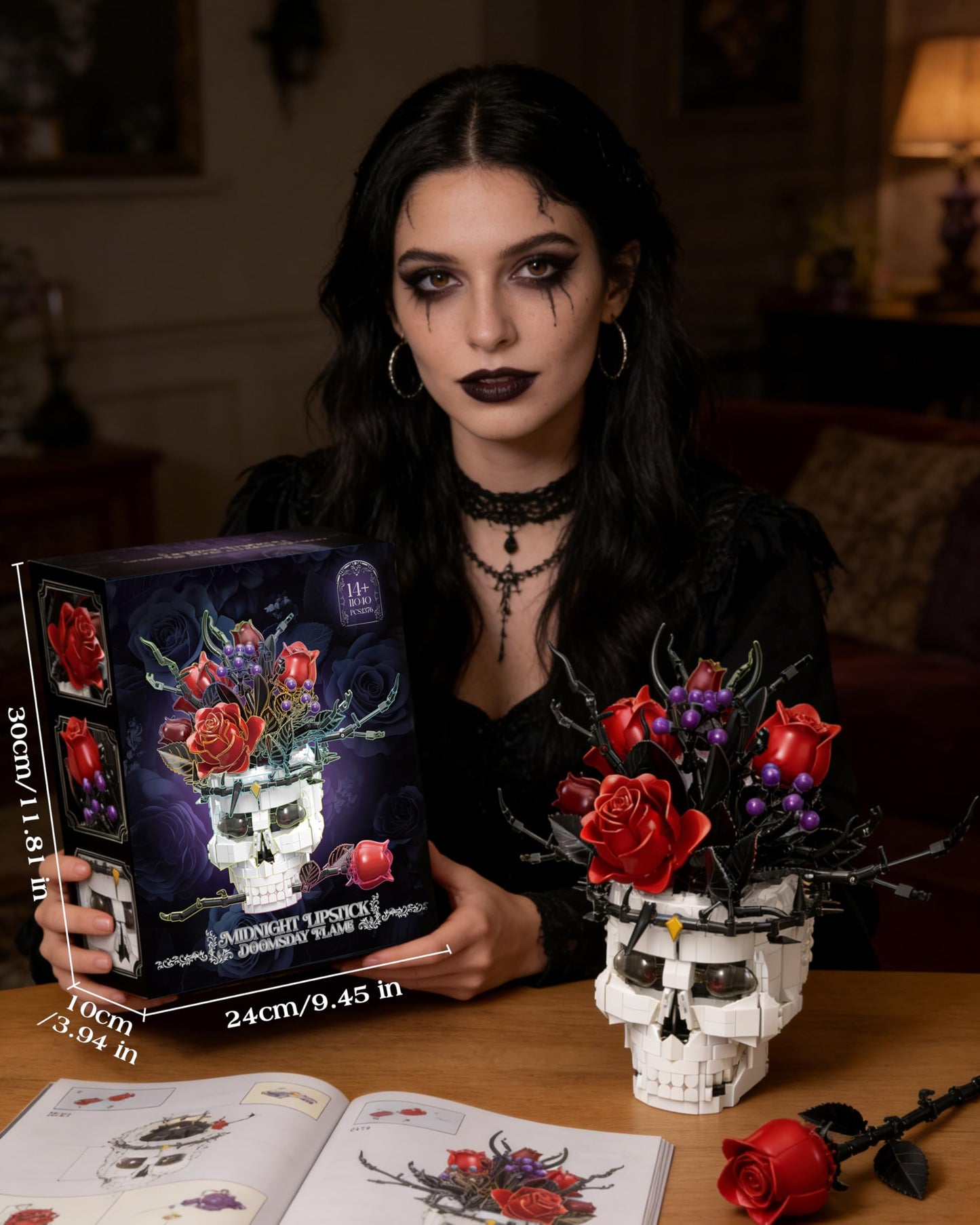 Gothic Skull Rose Building Set for Adults, Skull Home Decor for Table Shelf Centerpiece, Compatible with Lego Skull Flowers Horror Set, Halloween & Valentine's Day Gift for Teens Adult