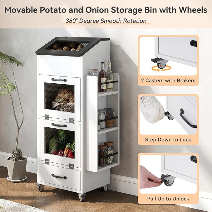 Verano Garden Potato and Onion Storage Bin on Wheels, Wood Bread Box with Lid & Mesh Doors, 4-Tier Rolling Fruit and Vegetable Storage Organizer w/Drawer & Side Rack for Kitchen (White, 16.0")