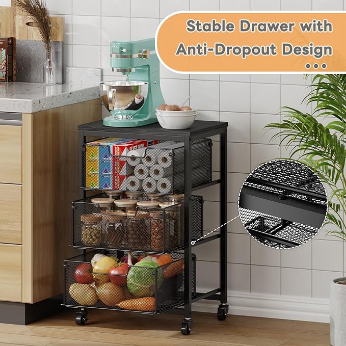 Pantry Organizer and Storage Cart, 3-Tier Kitchen Storage Cart with Drawer, Fruit Vegetable Storage Cart with Wheels, Wooden Top Metal Wire Kitchen Organizer Rack Stand for Food Snack Onion Potato