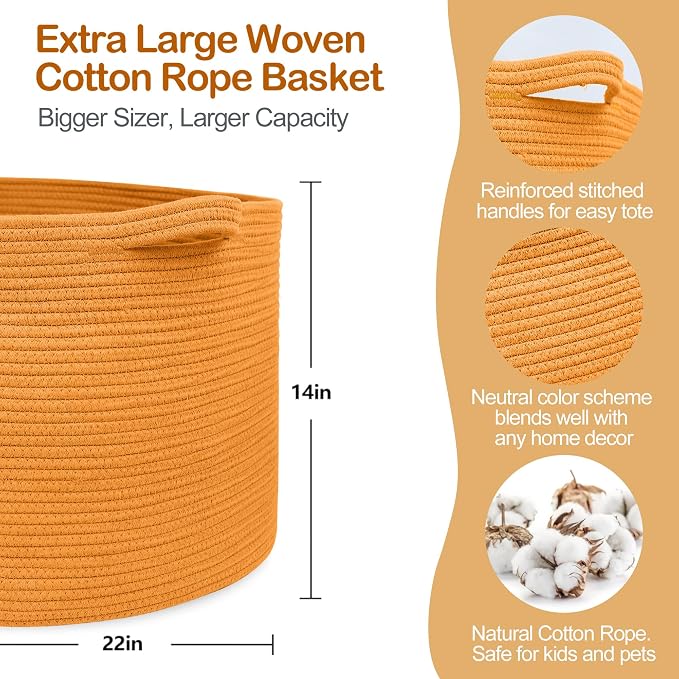 MEGASKET Extra Large Orange Basket, 22" X 22" X 14" Woven Cotton Rope Bins for Blankets, Baby Nursery Wicker Laundry Towel Basket, Kids Dog Toy Storage Box, Big Orange Living Room Decor Organizer