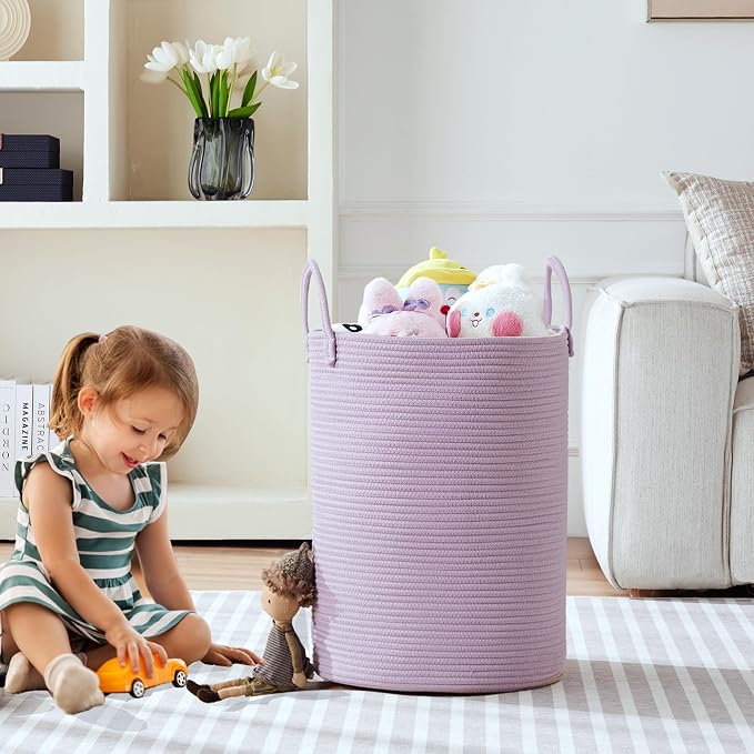 60L Large Purple Laundry Hamper Basket for Nursery Kids Tall Lavender Blanket Basket for Girls Cotton Rope Lilac Clothes Hamper in Bedroom 15Dx20H inches