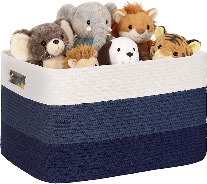 72L Large Laundry Basket with Leather Handles for Living Room Storage, Woven Rope Baskets Bin for Blanket, Kids Toy, Gifts, Wicker Hamper for Bedroom Dirty Clothes, 22"x17"x12" Gradient Blue