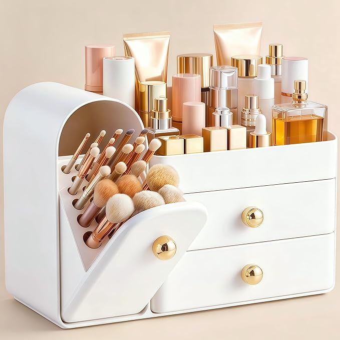 HBlife Makeup Organizer Countertop with Drawers, Vanity Organizers with Brush Holder, Bathroom Counter Organizer for Perfume, Nail Polishes, Lipsticks, Skincare and Eyeshadow Palettes, White