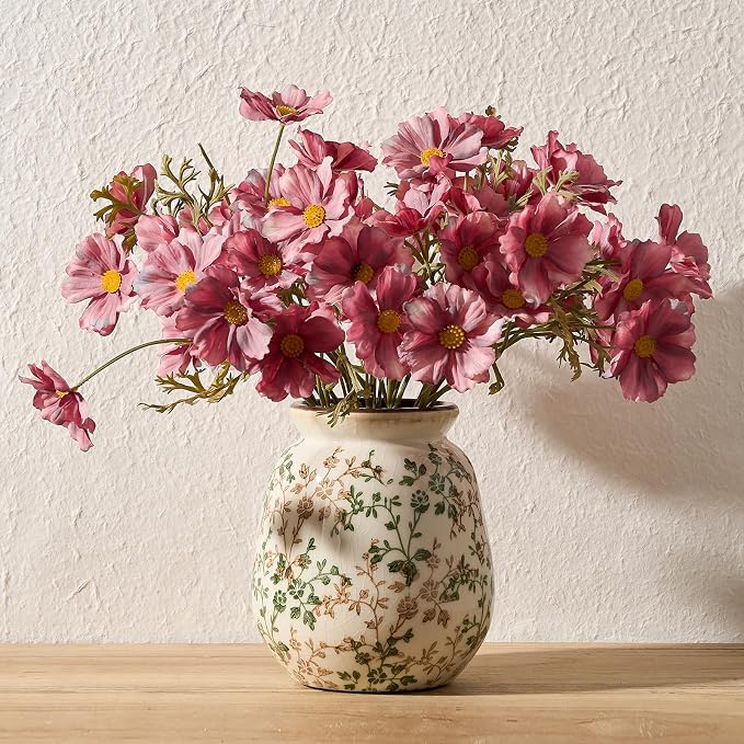 SIDUCAL Ceramic Vintage Pastoral Vase, 7.2 Inch Chinoiserie Floral Vase, Retro Ice Cracked Rustic Farmhouse Vases for Home Decor, Living Room, Bookshelf, Office, Tuscan Decor, Green and Beige