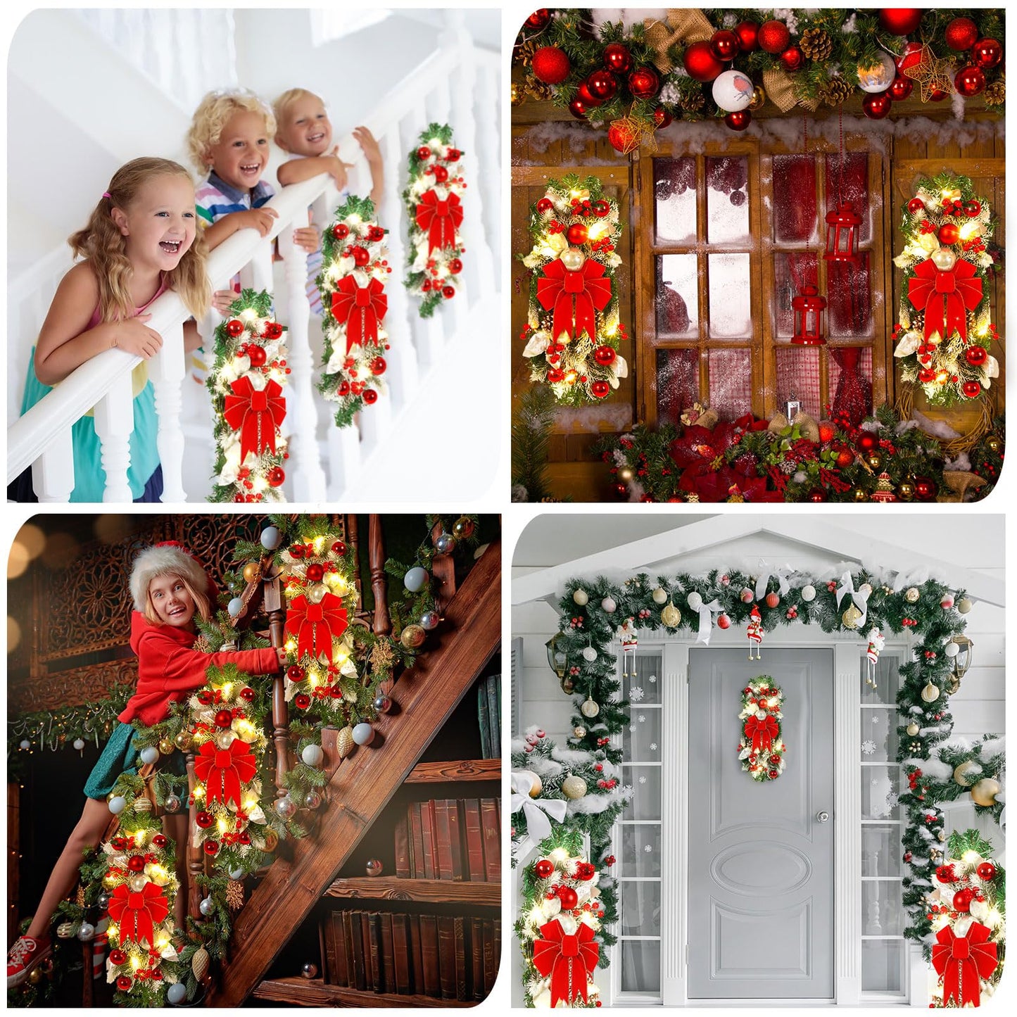 Giegxin 4 Pcs 19.7 Inches Light up Christmas Stair Swags LED Prelit Teardrop Swag Norfolk Pine Garland Artificial Stairs Garland Pine Cone Props for Indoor Outdoor Hanging Decor