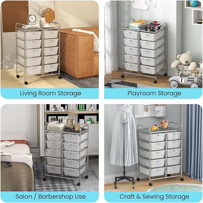 Giantex 10 Drawers Rolling Cart, Classroom Organizers, Storage Cart with Wheels, for Teacher Office Home School Supplies Tool Craft Art Paper, Clear White