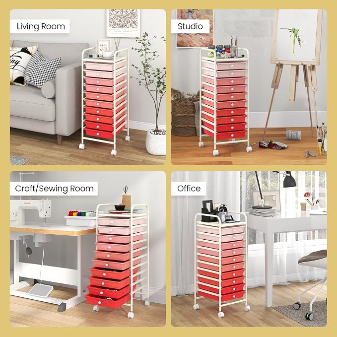 COSTWAY 10-Drawer Rolling Storage Cart, Utility Mobile Trolley with Removable Drawers & Universal Casters & 2 Brakes, Versatile Flexible Drawer Organizer Cart for Home, Office, Mixed Pink