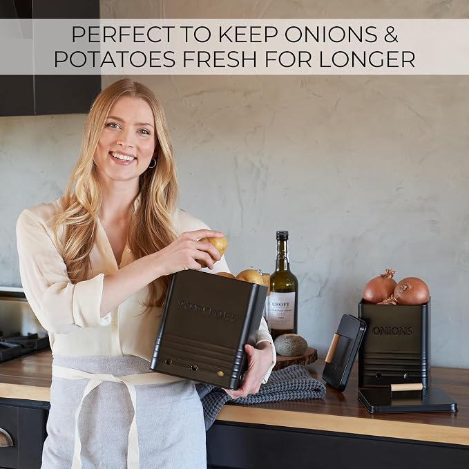 ZICOTO Beautiful Potato and Onion Storage Container Set, 10.1" & 8.9" - Perfectly Sized Spacious Canisters For Your Kitchen Counter Or Pantry - Food Safe Metal Bins Keep Produce Fresh Longer