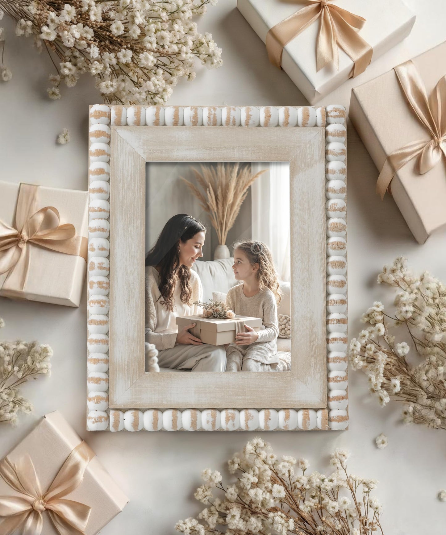 Afuly 5x7 Farmhouse Picture Frame Boho White Beads Photo Frame Wooden Distressed Wall Hanging Desk Standing Decor Artwork Personalized Birthday Gifts for Family, Couple, Friends