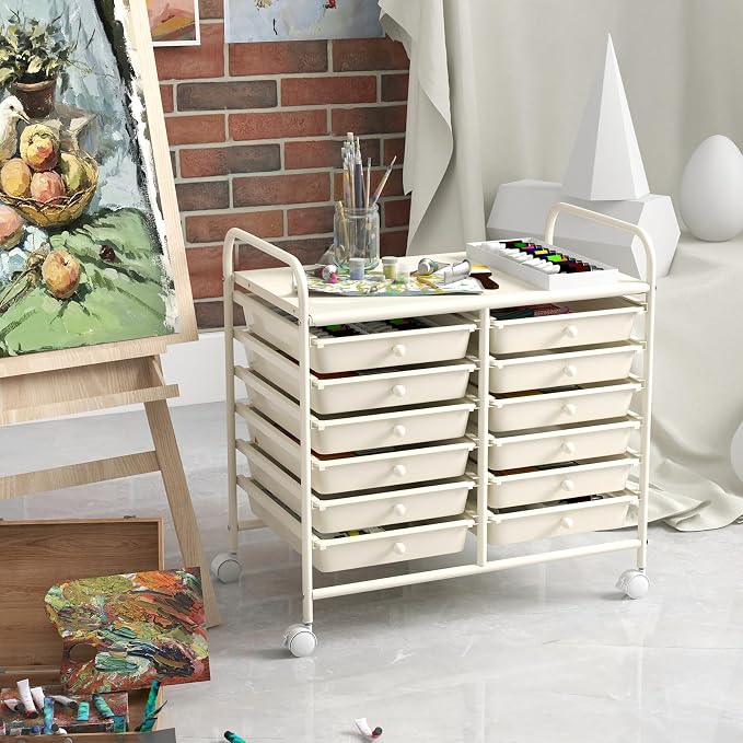 COSTWAY 12-Drawer Rolling Storage Cart, Utility Storage Organizer Cart for Tools, Scrapbook, Paper, Craft, Multipurpose Art Supply Organizer on Wheels for Home Office School, Teacher, Ivory White
