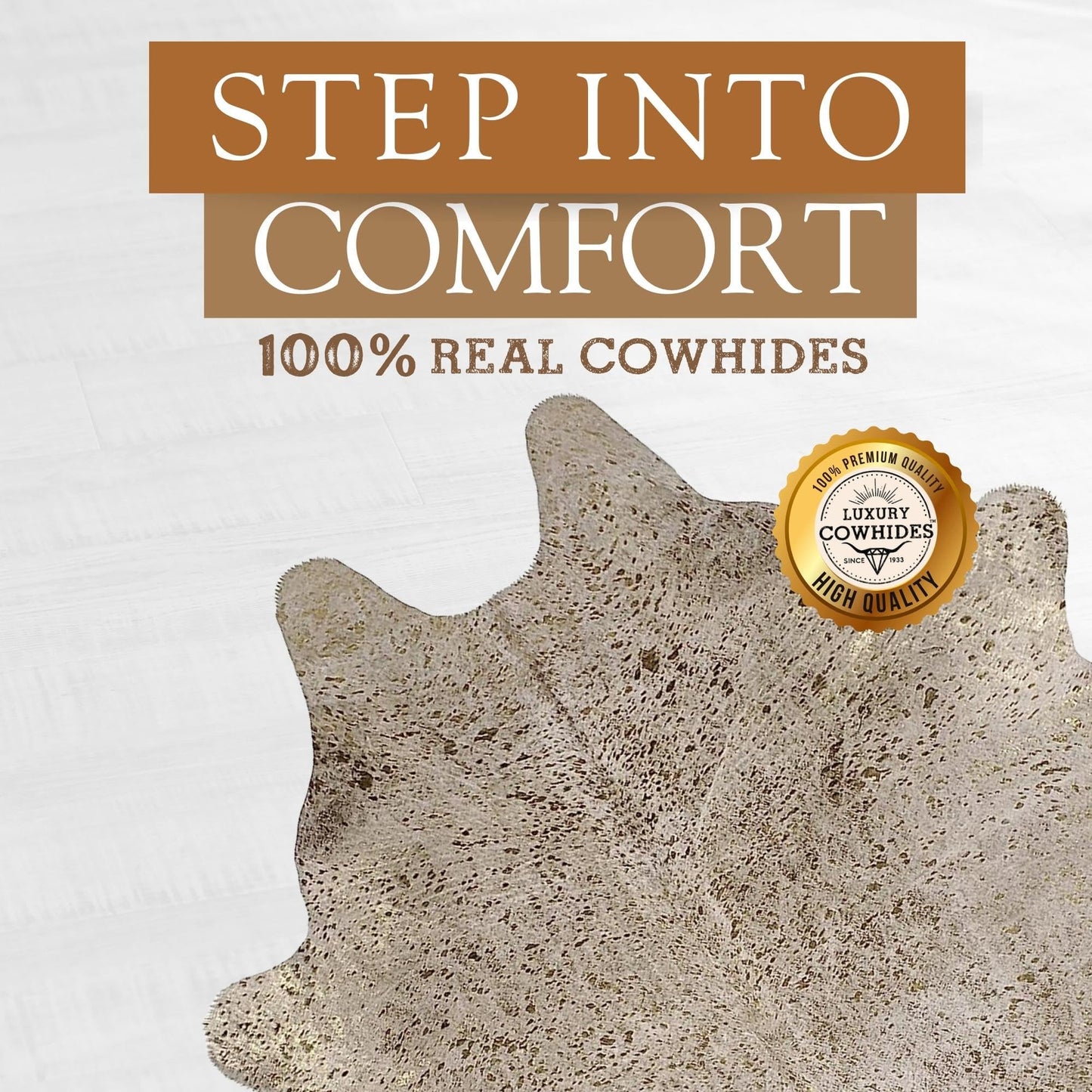 Sunshine Cowhides 100% Genuine Metallic Gold On Off White Cowhide Rug - Modern Style Animal Skin Rug & Floor Carpet for Living Room, Bedroom, Kitchen & More - Extra Large (6x7-8 Ft.)