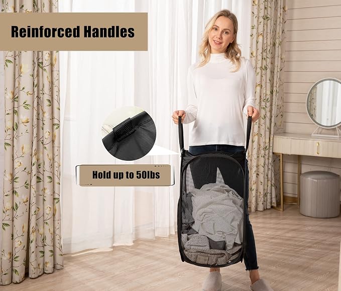 2 Pcs Strong Mesh Pop up Laundry Hamper,House Again Collapsible Laundry Basket with Durable Handles Solid Bottom High Carbon Steel Frame, Space-Saving, Easy to Open and Fold Flat for Storage(Black)