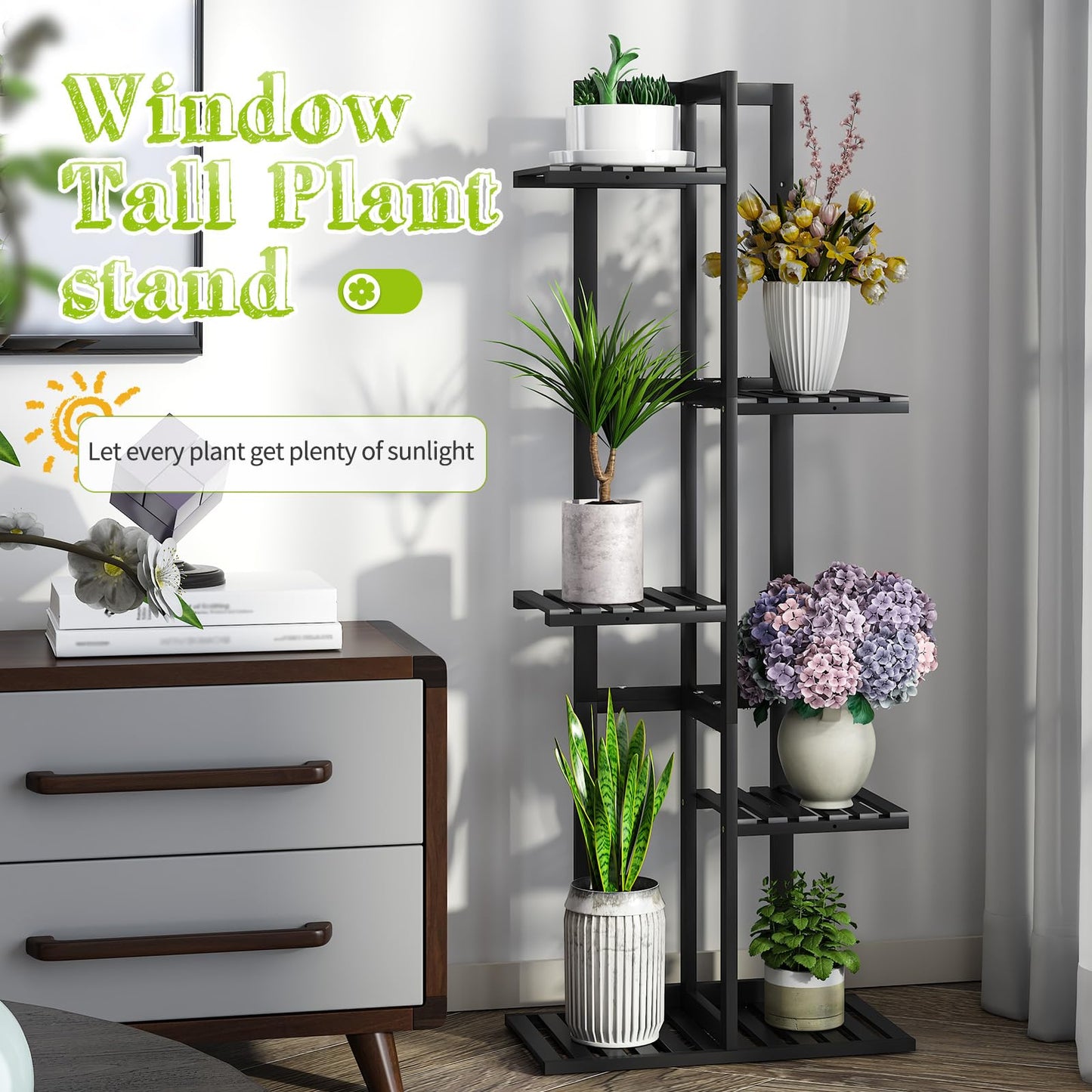 BMOSU Bamboo Plant Stand for Indoor Outdoor Plants Corner Tall Plant Shelf 6 Potted Holder Shelf Plant Rack Holder Display Rack(Black)