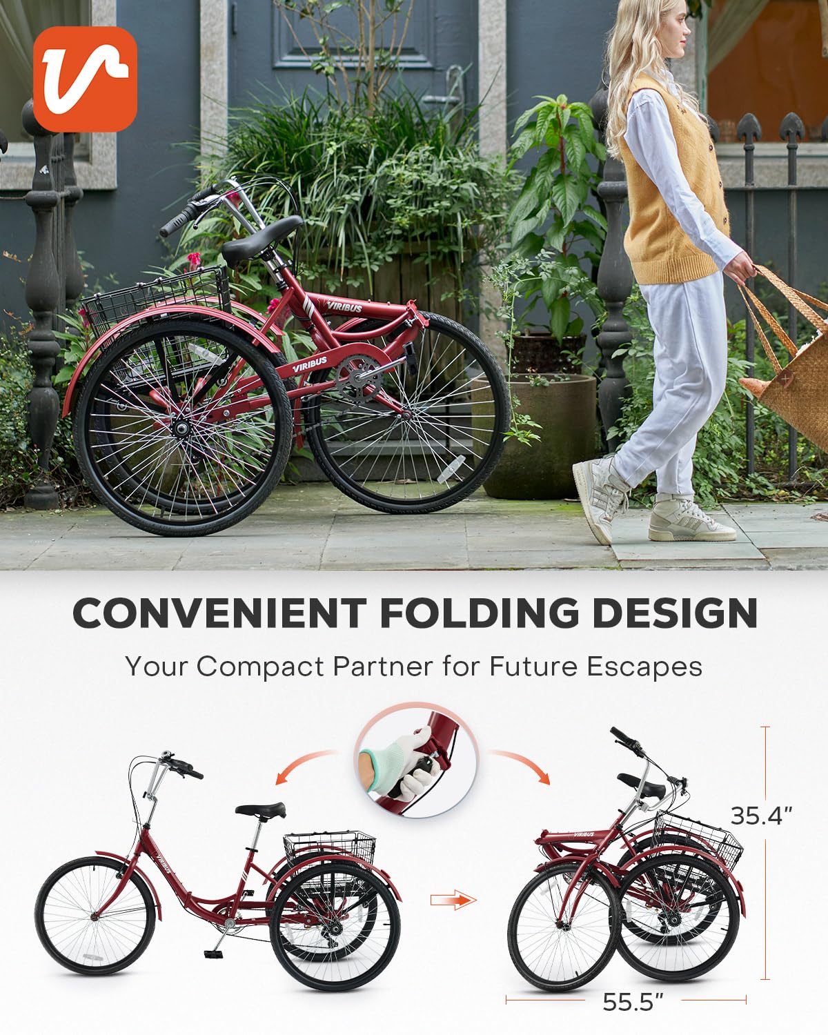 VIRIBUS Folding Tricycle for Adults, 7 Speed Foldable Adult Tricycle with Removable Wheeled Basket, Folding 3 Wheel Bikes for Adults Men Male Seniors 24 inch, Collapsible Trike 330 LB. Red