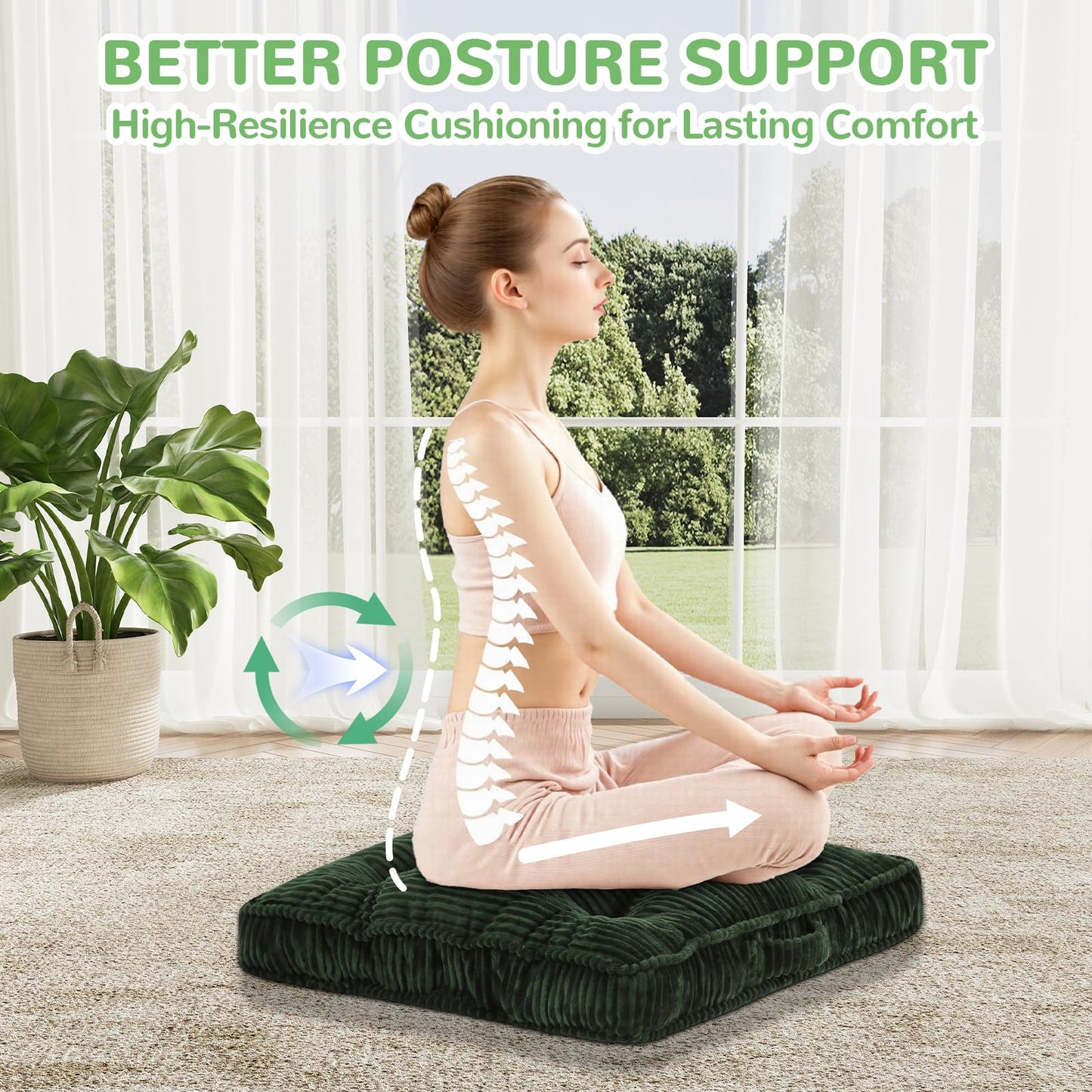 PRIMEPATIO Floor Pillow, 24x24 Tufted Floor Cushion for Adults, Square Large Meditation Cushion Pillow, Green Corduroy Sitting with Handle, Yoga Seating for Tatami, 1Pack