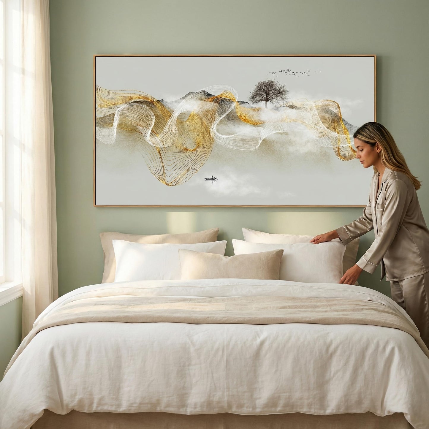 HUADAOART Wall Art Modern Zen Light Luxury Natural Landscape with Golden and White lines Background Wall Decor Canvas Prints for Living Room Bedroom 20x40 Inches (Framed)