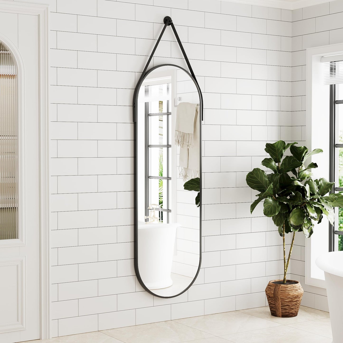 ZMYCZ Full Length Mirror, Oval Wall Mounted Mirror, 48"x16" Door Mirrors Full Length with Hanging Leather Strap with Aluminum Frame for Bathroom Living Room Entryway (Black)