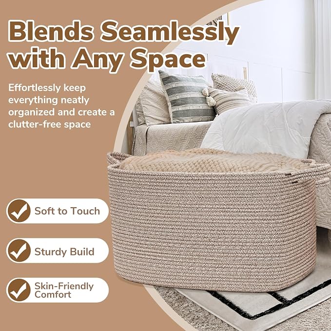 Goodpick Blanket Basket, Woven Baskets for Storage, Extra Large Storage Basket for Clothes, Toys, Dirty Clothes Basket for Laundry, Living Room, 23.6" x 15.7" x 13.8", Brown, 85L