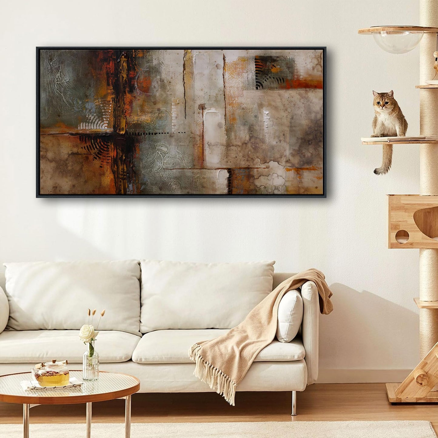 YDYSUNE Framed Abstract Wall Art - Brown Subtle Textured Canvas Wall Decor Painting for Bedroom,Modern Grid Living Room Picture Artwork Decoration Ready to Hang 20×40INCH