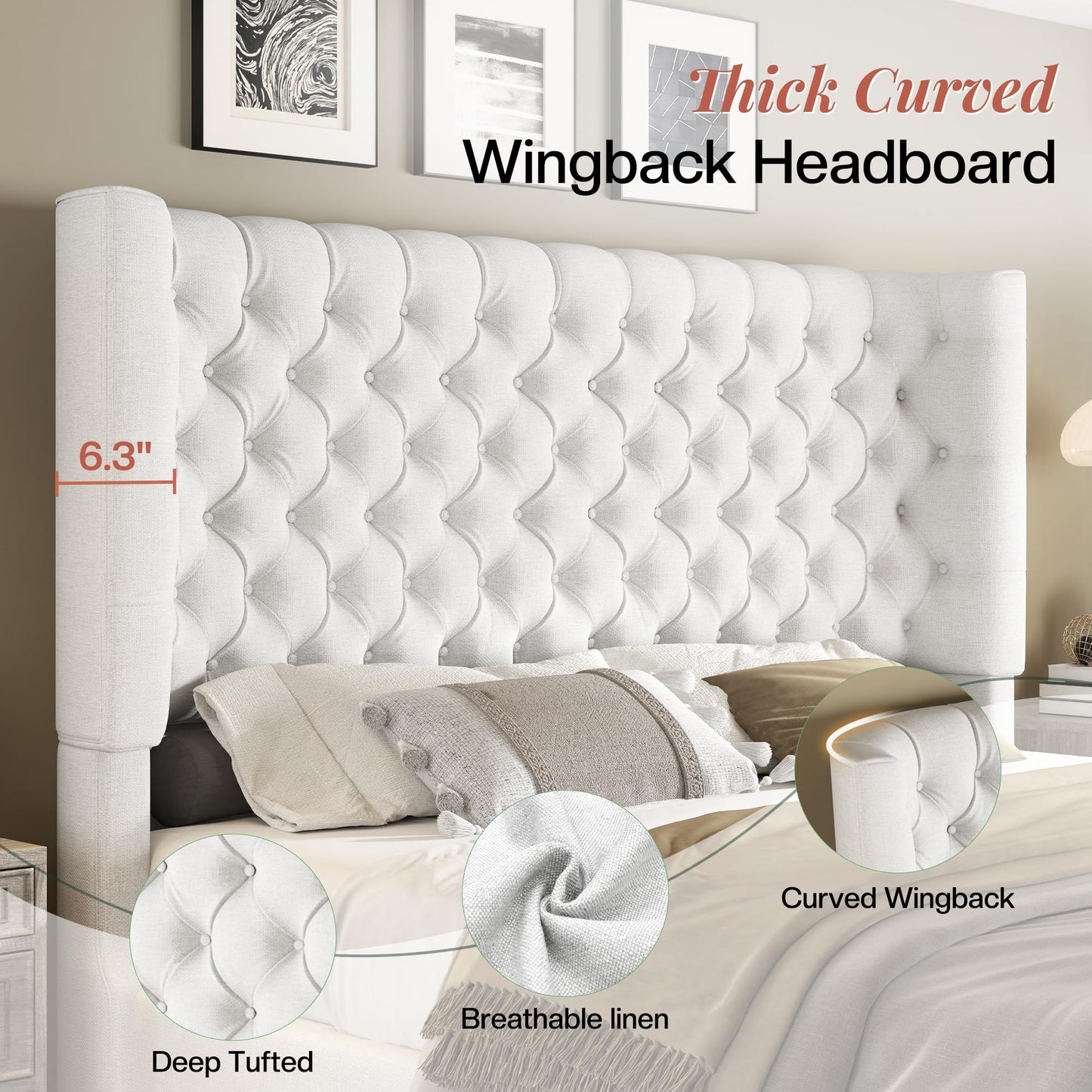 Jocisland Queen Size Platform Bed Frame, 6.3" Thick Upholstered Curved Wingback Headboard and Footboard with Deep Button Tufted, Easy Assembly, No Box Spring Needed, White Linen
