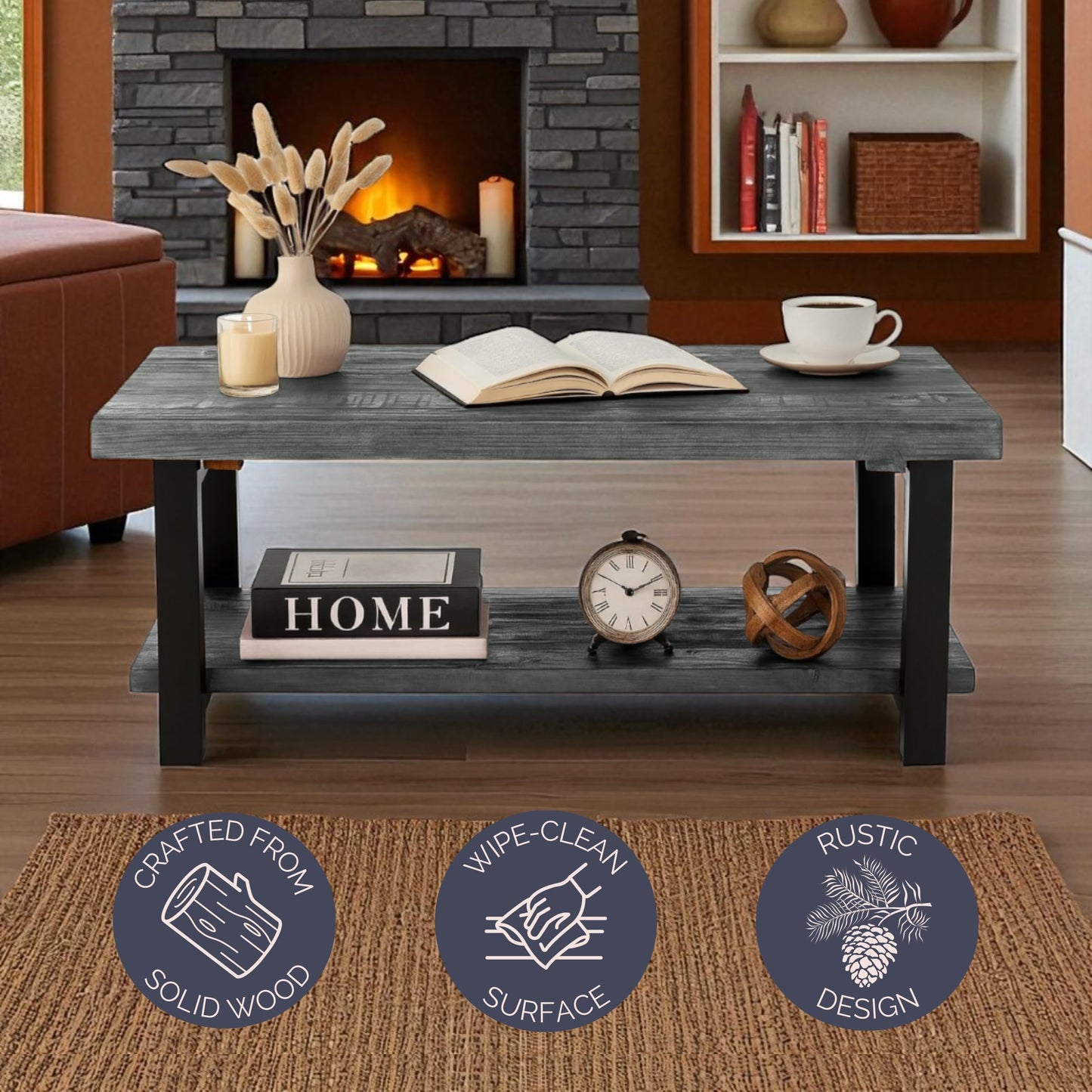Pomona 42-Inch Rectangular Solid Wood Coffee Table with Storage Shelf & Metal Legs – Modern Rustic Industrial Living Room Table by Alaterre Furniture (Slate Grey)