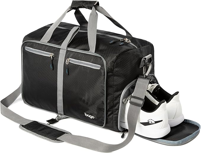 Bago Large Foldable Duffel Bags for Traveling Women & Men - 80L Packable Duffle Bag for Travel with Shoe Compartment - Water Repellant, Heavy Duty, Lightweight Folding & Collapsible (Black)