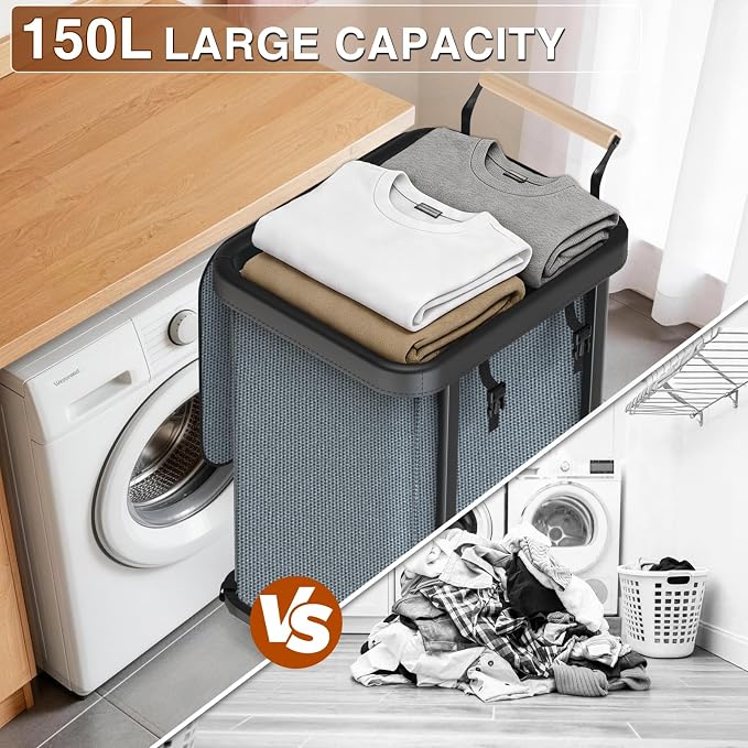 40 Gal (150L) Laundry Hamper with Lid, Leather Patchwork Laundry Basket with Rolling Lockable Wheels and Handle, Laundry Basket Organizer for Laundry Room, Bedroom and Bathroom,Laundry Room - Gray